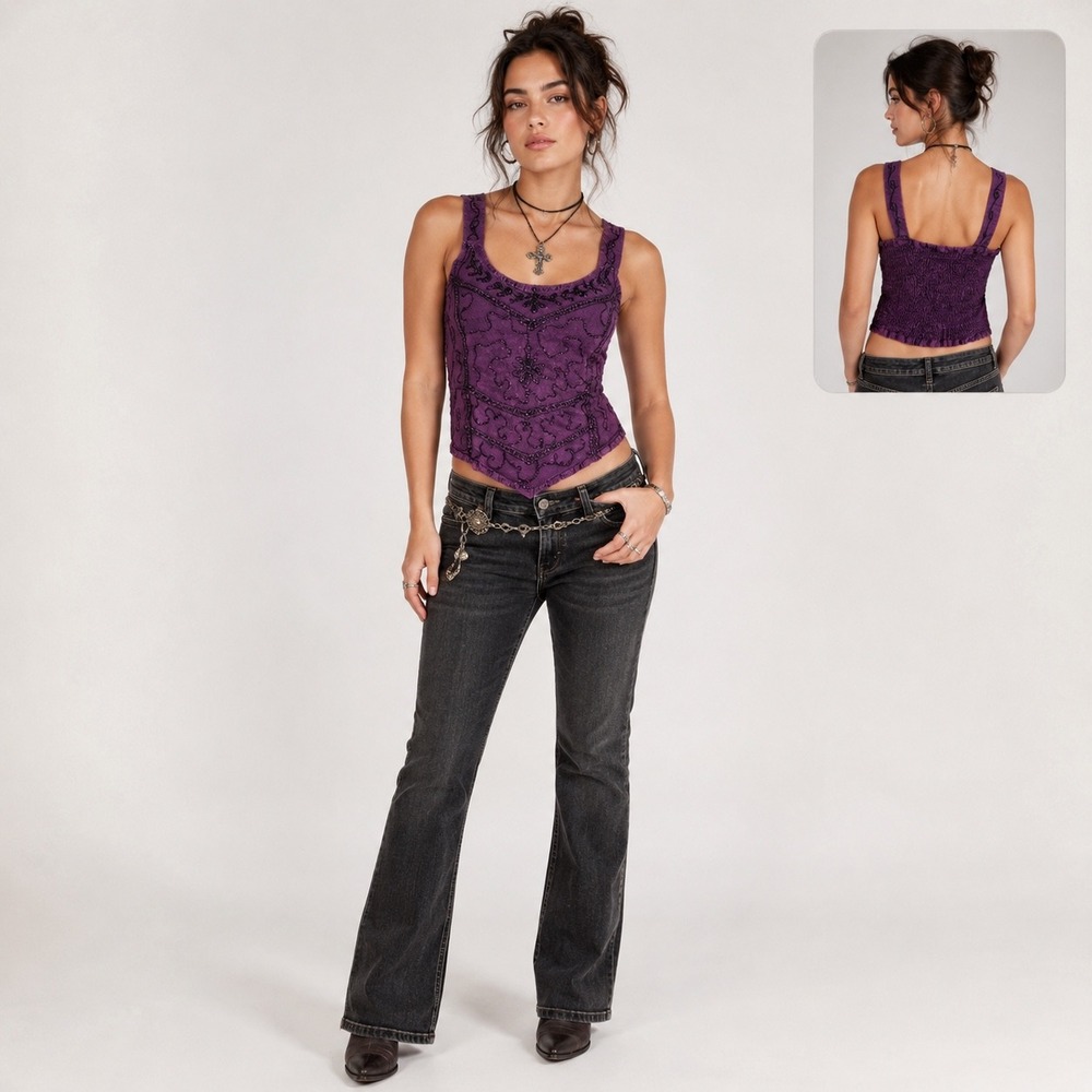Womens Purple Beaded Top Free Size Boho Fairy Grunge Y2K Cami‎ Monsoon